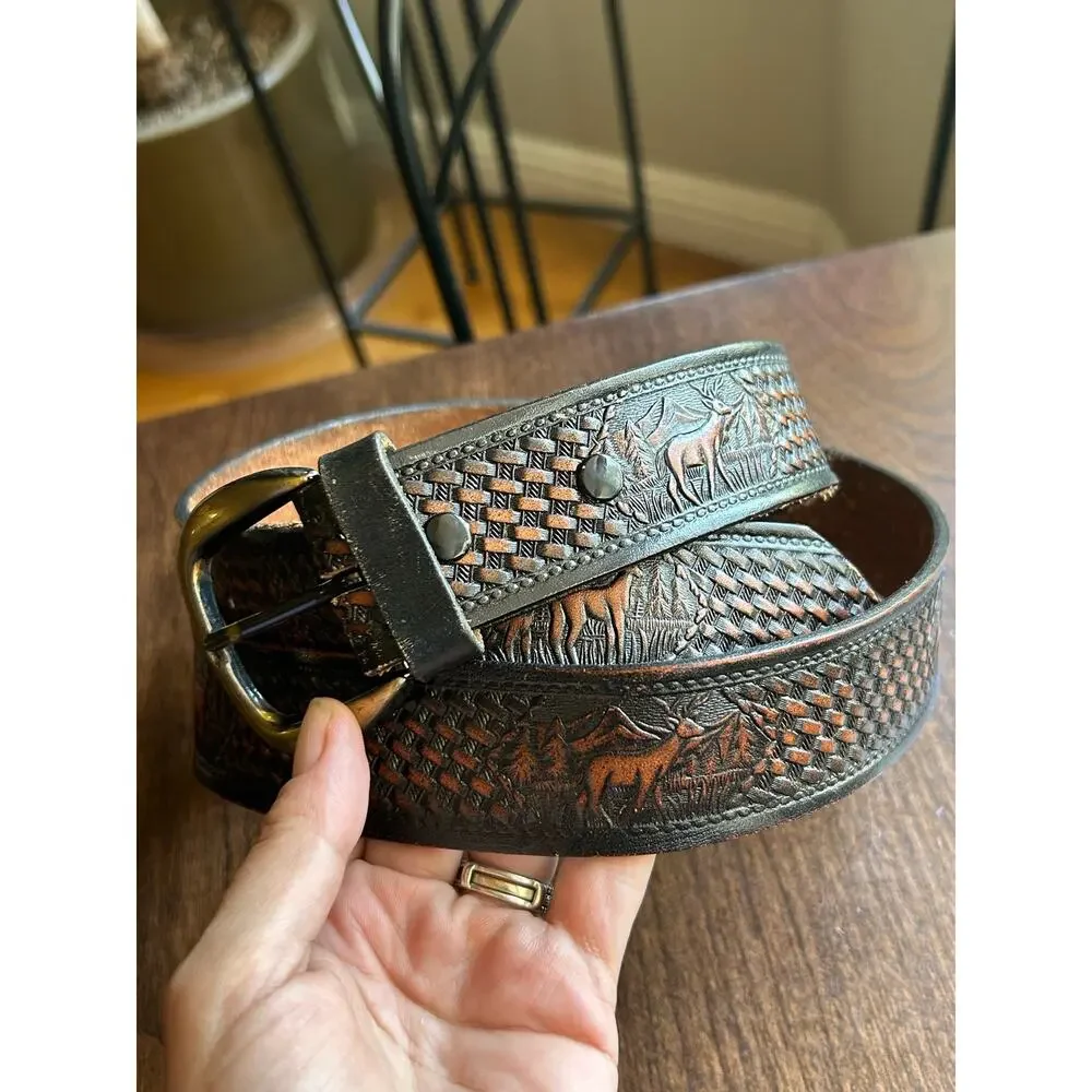 Vintage belt 42 hand tooled Western deer mountains brass buckle basket-weave